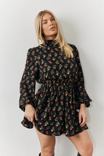 Black Rose Print High Neck Mini Dress